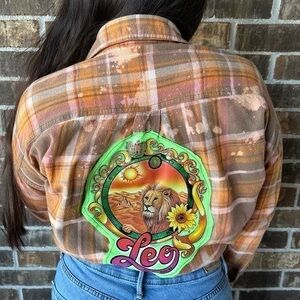 Upcycled Leo The Lion Flannel Shirt Vintage 1970’s Glitter Iron-On Bleach Dyed